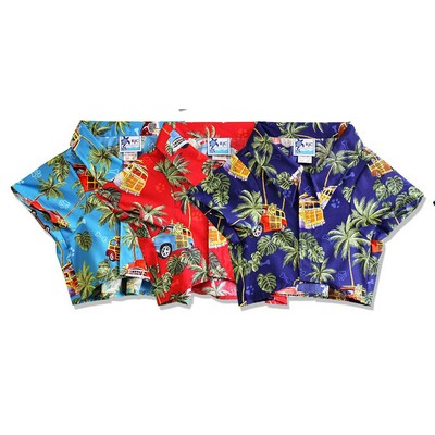Dog Hawaiian Tropical Print in Turquoise, Red and Navy Cotton Shirt