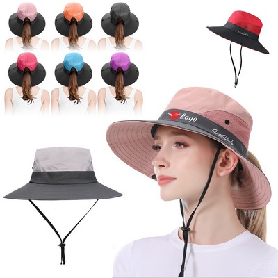 Women's Wide Brim Ponytail Bucket Hat