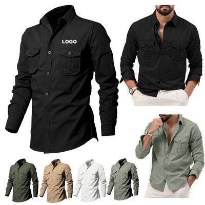 Custom Camping Hiking Button Down Shirt Men's Long Sleeve Cargo Work Shirts