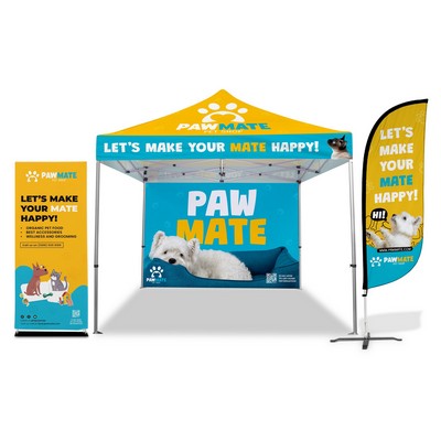 10' x 10' Custom Canopy Tent w/ Back Wall, Flag & Banner Stand