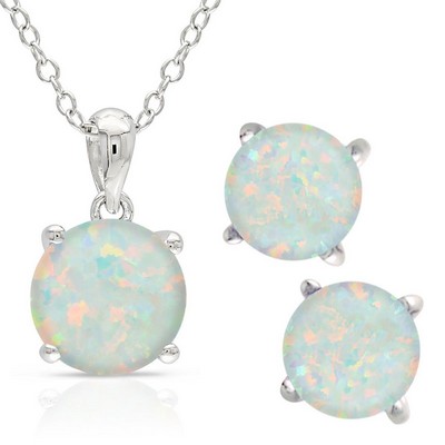 Jilco Inc Sterling Silver Opal Earring & Necklace Set