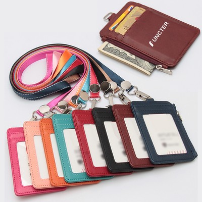 PU Leather ID Card Holder Badge Holder Zippered Wallet With Lanyard