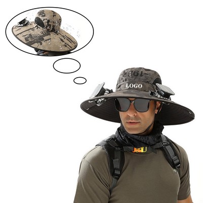 Wide Brim Solar Fan Outdoor Fishing Hat with 2 Fans Solar Power