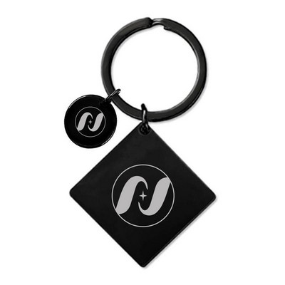 30 x 30 x 2 mm Black Square Tag Keychain W/ Small Round Tag 15 mm Dia.