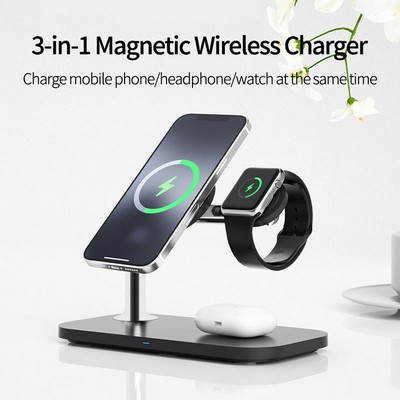 Portable 3-in-1 Desktop Magnetic Wireless Charger Station 15W Fast Charging