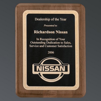 Premium Walnut Piano Finish Rounde Rectangle, Textured Black Plate w/Florentine, Medium (8"x10-1/2")