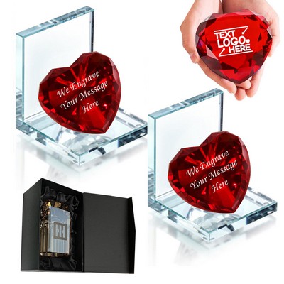 Faceted Crystal Bookends with Red Heart Diamond Set of 2