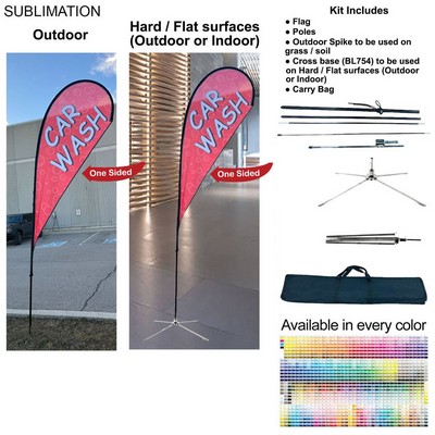 12' Medium Tear Drop Flag Kit, Full Color Graphics One Side, Outdoor Spike base, Indoor Cross Base