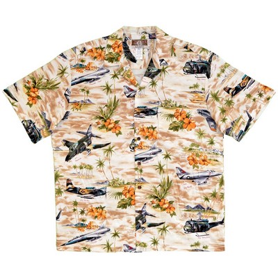 Hawaiian Tropical Military Khaki Beige Print Shirt - Jet Airplanes Circa 1960's (S - 3XL IN STOCK)
