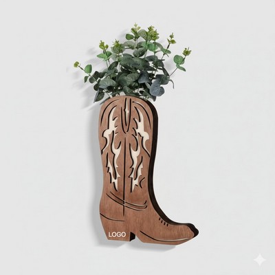 Western Style Wooden Cowboy Boot Vase Wall Mounted Dried Flower Holder Decorative Plant Pot