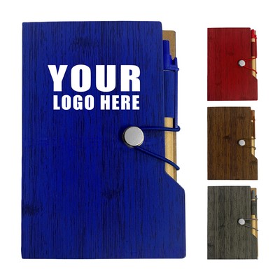 Wood Grain Sticky Note Notebook W/Colored Notes And Pen