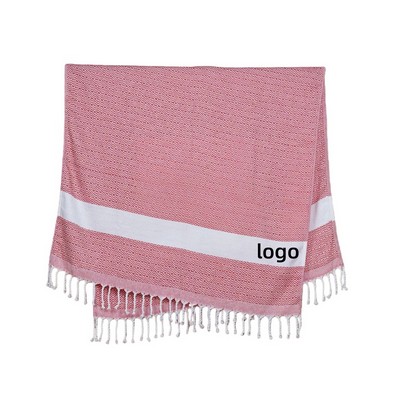 Handwoven Turkish Beach Towel with Diamond Weave and Fringe for Sun and Sea