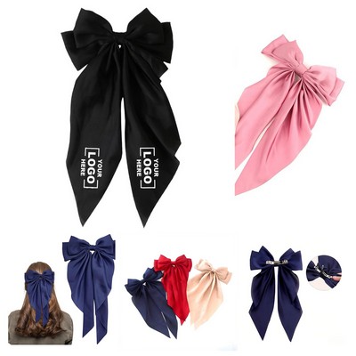 Long Solid Color Satin Bow Long Floating Headbands At The Back Head Bows Clip