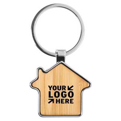 Bamboo & Metal House Keychain