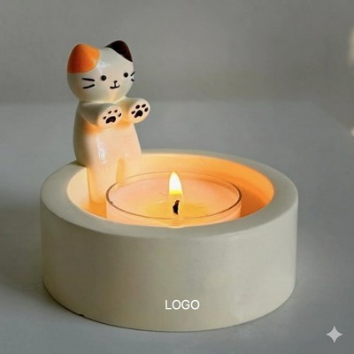 Cartoon Warming Kitten Candle Holder Handcrafted Ceramic Tea Light Burner Romantic Valentine's Gift