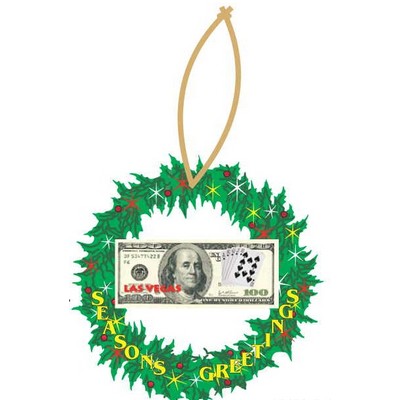 LV Royal Flush $100 Bill Wreath Ornament w/ Clear Mirror Back (10 Square Inch)