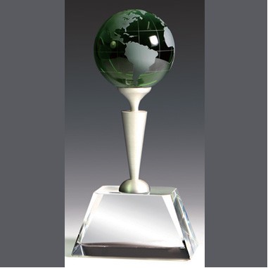 Optical Crystal Green Globe Award perched on Metal Pole
