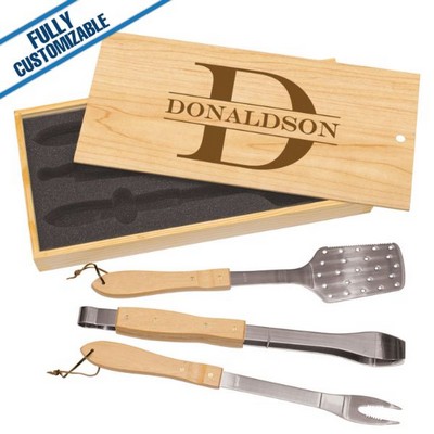 3-Piece BBQ Set w/Wood Pine Gift Box