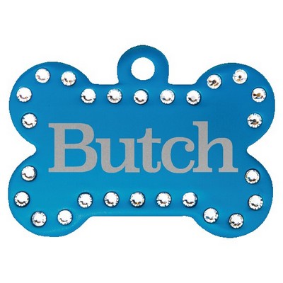 Anodized Aluminum Swarovski Bling Bone Pet Tags, Blue, 1 1/2" x 1"