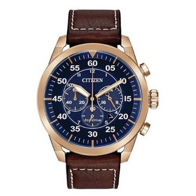 Citizen® Men's Eco-Drive® Rose Gold-Tone Watch w/Brown Leather Strap