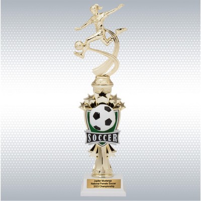 14" Assembled Trophy w/ Female Soccer Player Figure on White Base