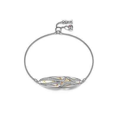 ELLE "Moon Shadow" Sterling Silver 2-Tone 3 Dimensional CZ Bolo Bracelet - Gold and Silver