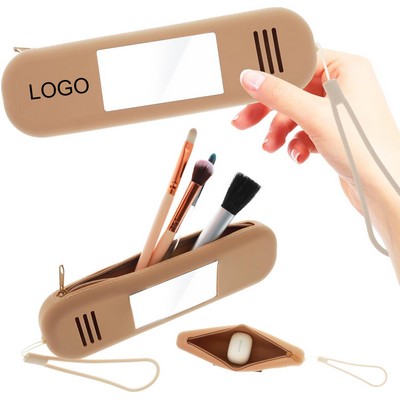 Zipper Silicon Cosmetic Face Brushes Holder with Mirror