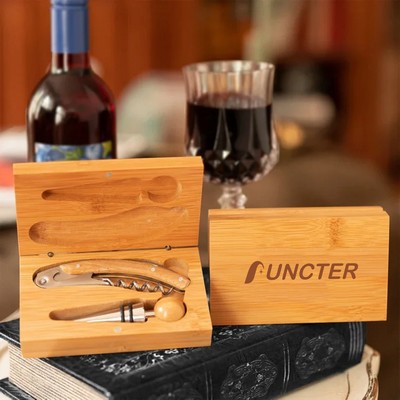 2 Piece Bamboo Wine Opener Accessory Set w/ Box