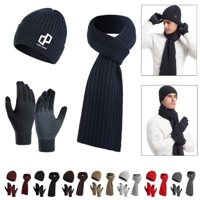 Solid Color Winter Warm Beanie Gloves Long Scarf Set