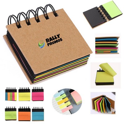 Portable Sticky Notes Notebook Pad Marker Spiral Brown Cover