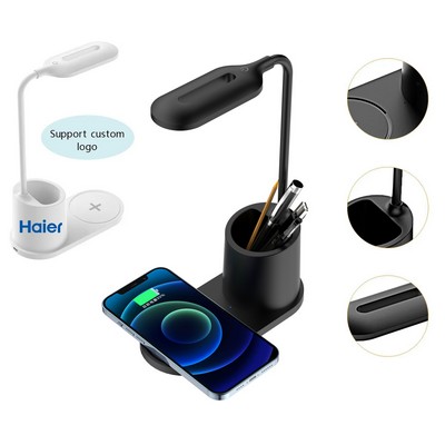 Portable Multifunctional Eye Protection LED Desk Lamp with Pen Container and 15W Wireless Charger