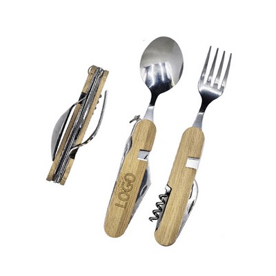 6-in-1 Bamboo Stainless Steel Folding Cutlery MOQ 50