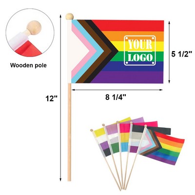 Progress Pride Flag With Wooden Pole