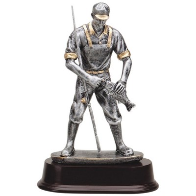 9" Antique Silver and Gold Resin Fisherman Trophy on Black Resin Base