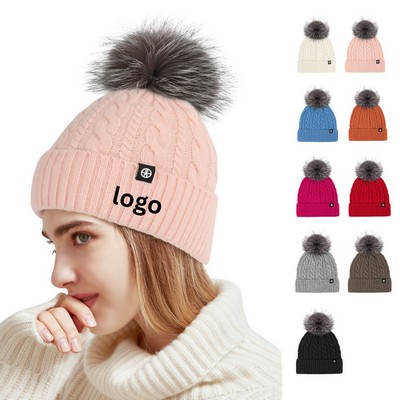 Fleece Lined Pom-Pom Knit Beanie