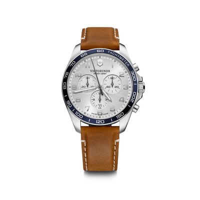 FieldForce Classic Chrono, 42mm, silver white dial, blue bezel, brown leather strap