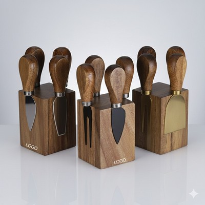 Acacia Wood Magnetic Cheese Knife Set 5pcs Stainless Steel Cheese Fork Set