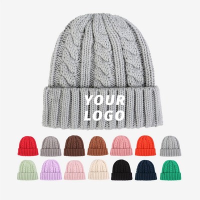 Premium Wool Blend Cable Knit Cuffed Beanie with Custom Logo