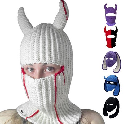 Full Face Cover Horns Creative Knitted Hat