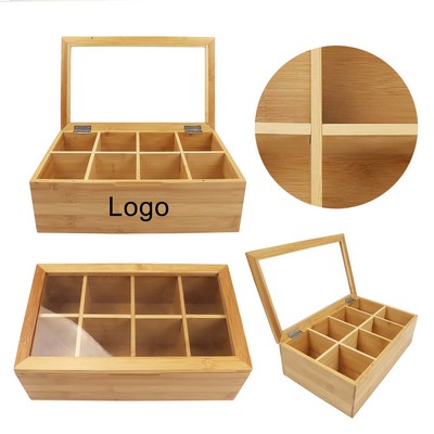11.4'' Wooden Tea Bag Holder Bamboo Storage Box with Acrylic Lid Compartment Organizer