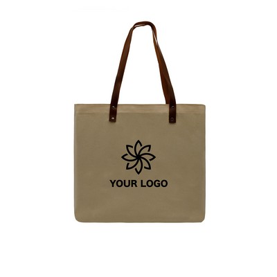 Natural Leather Handle Canvas T Bottom Tote Bag