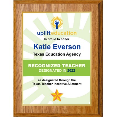 9" x 12" Oak Finish Plaque w/ Full Color Sublimated Imprint and Back Plate