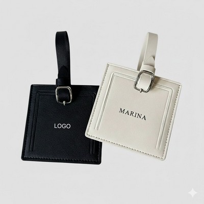 Premium Square Leather Luggage Tag Genuine Leather Suitcase ID Label with Privacy Cover Metal Buckle