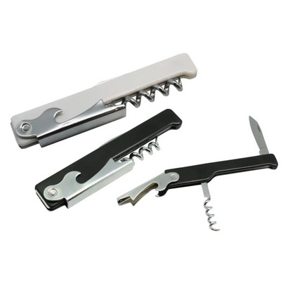 Metal Wine Opener With Corkscrew, Knife, And Plastic Handle