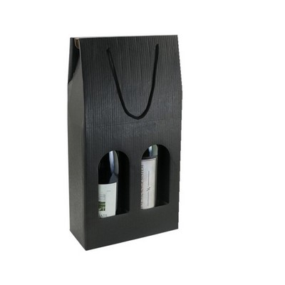Heavy Duty Black Two Bottle Wine Carrier w/Windows & Rope Handles