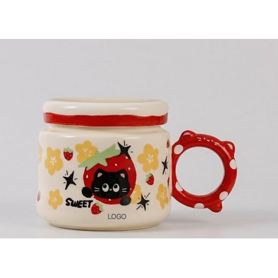 Fruity Cat Ceramic Mug with Lid & Stirrer 3D Cartoon Animal Water Cup High-Aesthetic