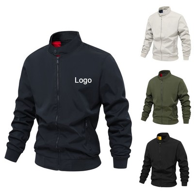 Men's Casual Solid Color Stand Collar Bomber Jacket Spring Outerwear