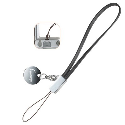 Black Leather Cell Phone Strap with Detachable Round Tag