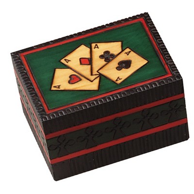2 Deck Playing Card Box 4 Aces & Carved Border (4 3/4"x3 1/2"x2 7/8")