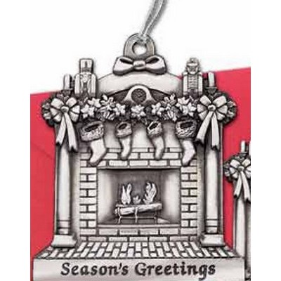 Full Size Stock Design Season's Greetings Fireplace w/Stockings Pewter Ornament